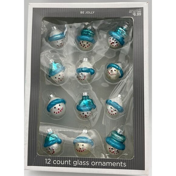 Be Jolly 12ct Glass Mini Snowman Head Ornaments Silver & Blue - Picture 1 of 4